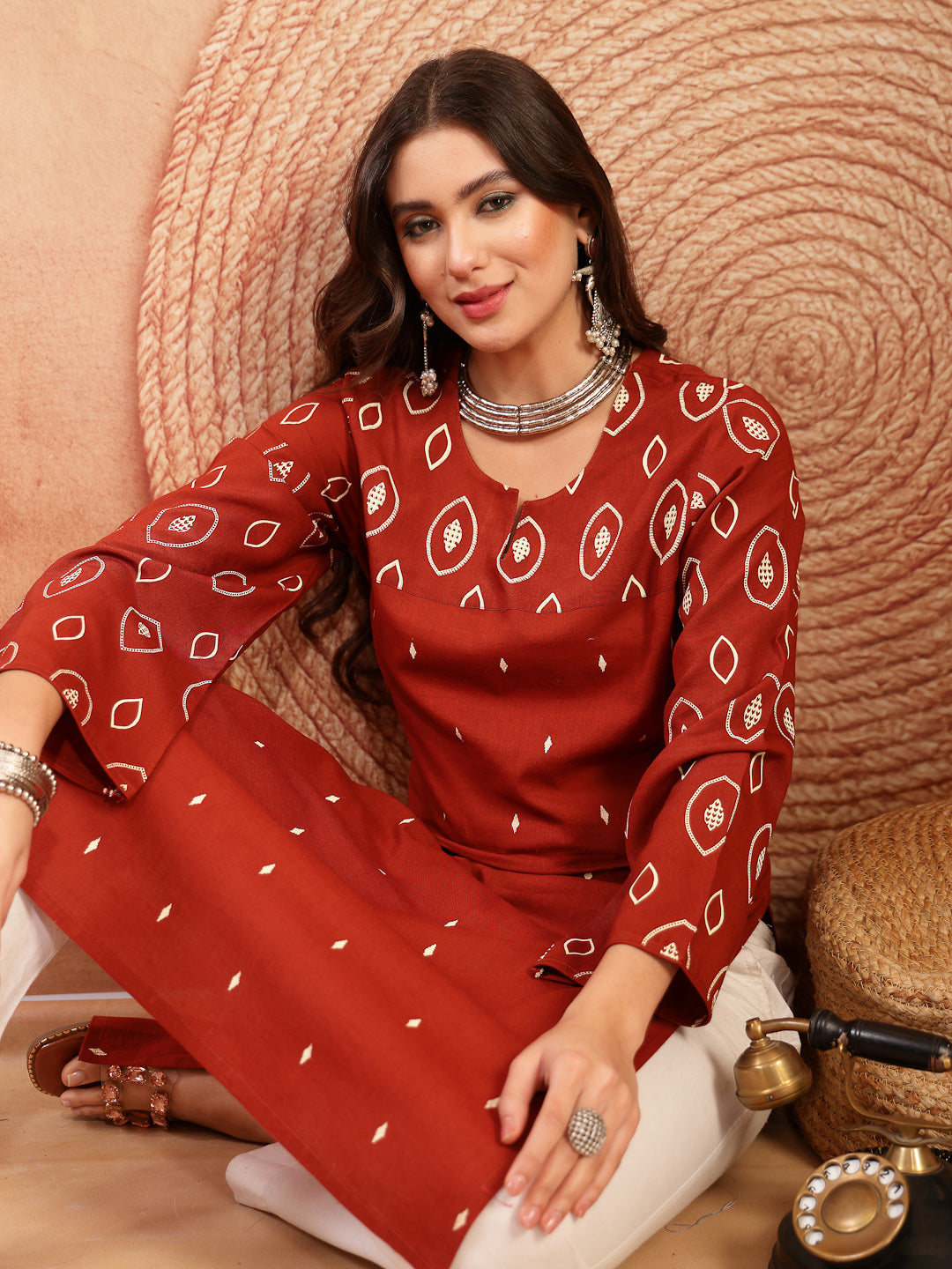 Women's Rust Ethnic Printed Cotton Straight Kurta (RUSTREGAL) | DesiQl