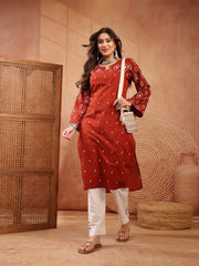 Stylum Women's Rust Ethnic Printed Cotton Straight Kurta (RUSTREGAL)