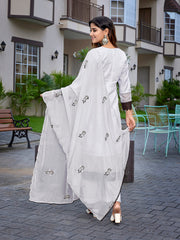 Women's Chanderi Embroidered Straight Kurta Pant With Dupatta-ME102-surbhizmlwhite