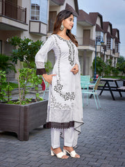 Women's Chanderi Embroidered Straight Kurta Pant With Dupatta-ME102-surbhizmlwhite