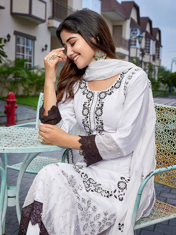 Women's Chanderi Embroidered Straight Kurta Pant With Dupatta