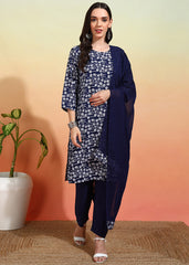 Women's Crepe Printed Straight Kurta Pant With Dupatta-ME105-Nvyblu-CRP-KPD