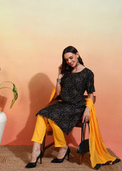 Women's Crepe Printed Straight Kurta Pant With Dupatta-ME106-ORNGblk-CRP-KPD