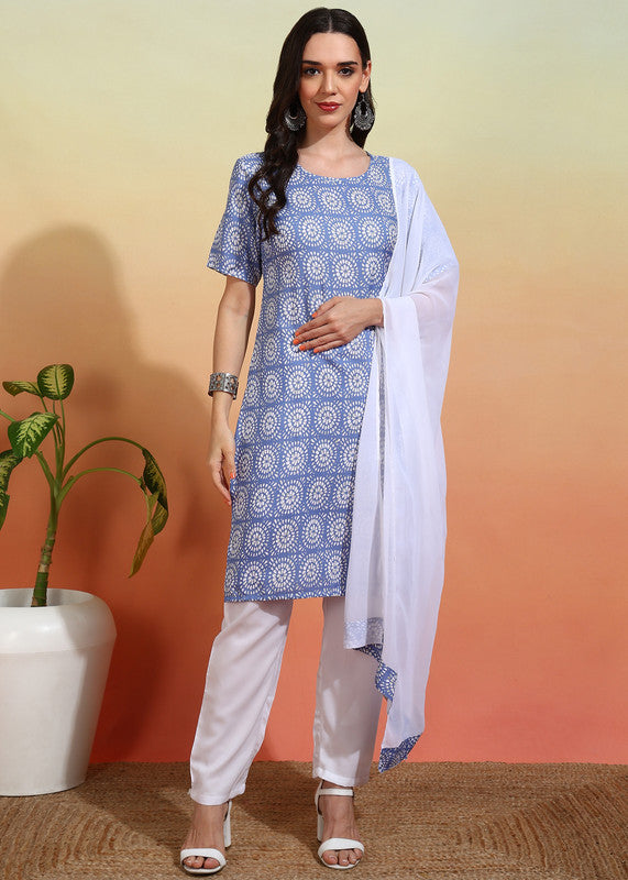 Women's Crepe Printed Straight Kurta Pant With Dupatta