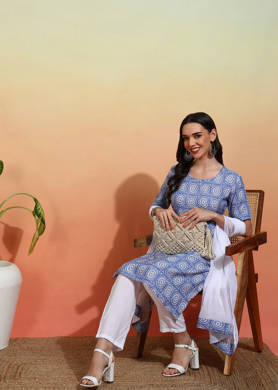 Women's Crepe Printed Straight Kurta Pant With Dupatta