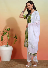 Women's Crepe Printed Straight Kurta Pant With Dupatta-ME108-grnwht-CRP-KPD