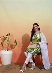 Women's Crepe Printed Straight Kurta Pant With Dupatta-ME108-grnwht-CRP-KPD