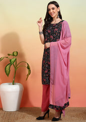 Women's Crepe Printed Straight Kurta Pant With Dupatta-ME109-BLKpnk-CRP-KPD