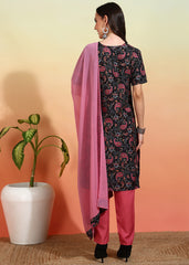 Women's Crepe Printed Straight Kurta Pant With Dupatta-ME109-BLKpnk-CRP-KPD