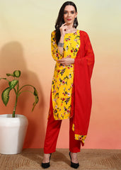 Women's Crepe Printed Straight Kurta Pant With Dupatta-ME110-ylwred-CRP-KPD