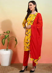 Women's Crepe Printed Straight Kurta Pant With Dupatta-ME110-ylwred-CRP-KPD