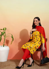 Women's Crepe Printed Straight Kurta Pant With Dupatta-ME110-ylwred-CRP-KPD
