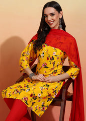 Women's Crepe Printed Straight Kurta Pant With Dupatta-ME110-ylwred-CRP-KPD
