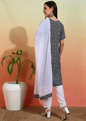 Women's Crepe Printed Straight Kurta Pant With Dupatta-ME111-BLKWHT-CRP-KPD