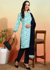 Women's Crepe Printed Straight Kurta Pant With Dupatta-ME112-BLKsky-CRP-KPD