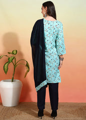 Women's Crepe Printed Straight Kurta Pant With Dupatta-ME112-BLKsky-CRP-KPD