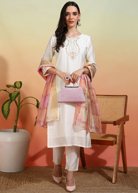 Women's Chanderi Embroidered Straight Kurta Pant With Dupatta