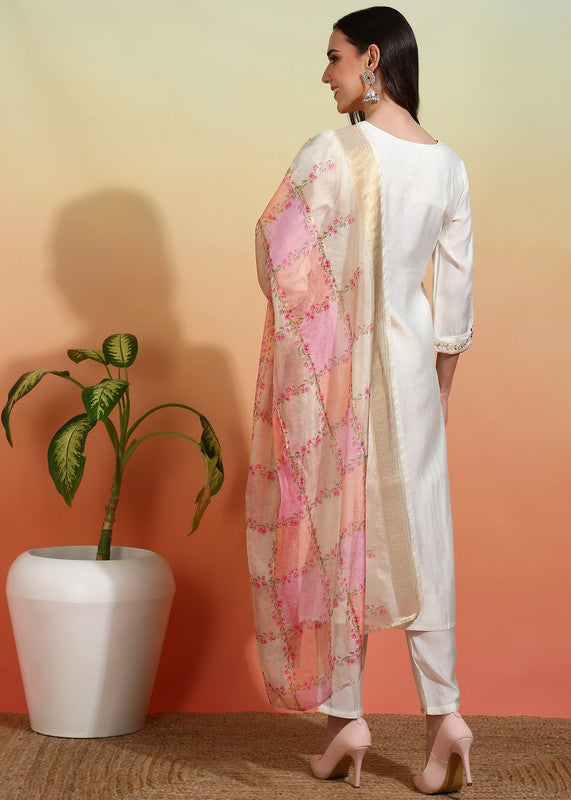 Women's Chanderi Embroidered Straight Kurta Pant With Dupatta