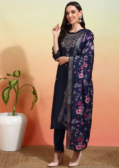 Women's Chanderi Embroidered Straight Kurta Pant With Dupatta-ME115-gvnd-Nblu-PV