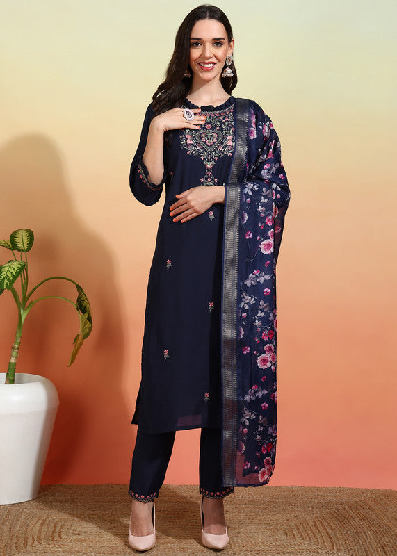 Women's Chanderi Embroidered Straight Kurta Pant With Dupatta-ME115-gvnd-Nblu-PV