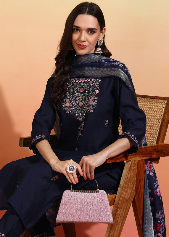 Women's Chanderi Embroidered Straight Kurta Pant With Dupatta