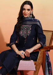 Women's Chanderi Embroidered Straight Kurta Pant With Dupatta-ME115-gvnd-Nblu-PV