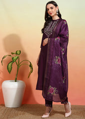 Women's Chanderi Embroidered Straight Kurta Pant With Dupatta-ME116-gvnd-wine-PV
