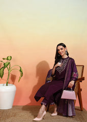Women's Chanderi Embroidered Straight Kurta Pant With Dupatta-ME116-gvnd-wine-PV