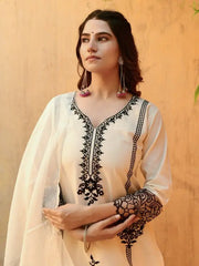 Women's Viscose Embroidered Straight Kurta Pant With Dupatta-ME117-wht-tisublckwork