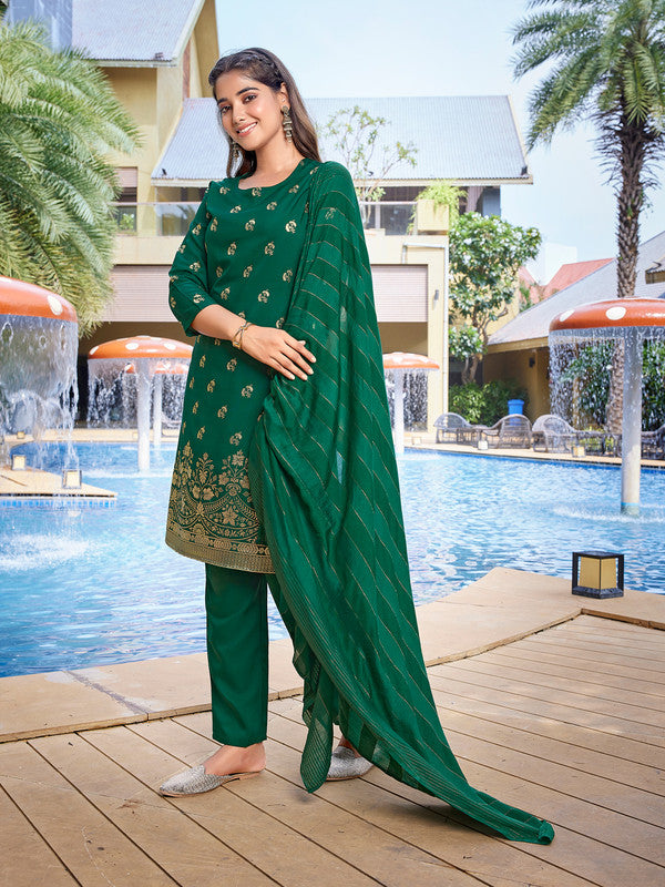 Women's Crepe Foil Printed Straight Kurta Pant With Dupatta