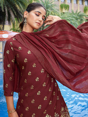 Women's Crepe Foil Printed Straight Kurta Pant With Dupatta-ME130-MFMAROON