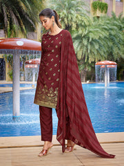 Women's Crepe Foil Printed Straight Kurta Pant With Dupatta-ME130-MFMAROON