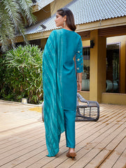 Women's Crepe Foil Printed Straight Kurta Pant With Dupatta-ME130-MFRAMABLU