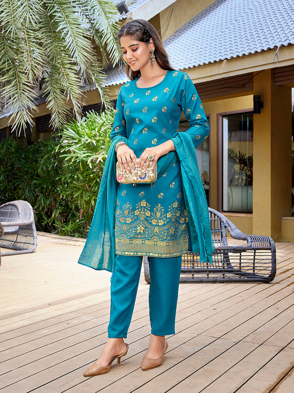 Women's Crepe Foil Printed Straight Kurta Pant With Dupatta-ME130-MFRAMABLU