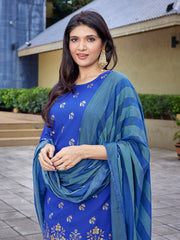 Women's Crepe Foil Printed Straight Kurta Pant With Dupatta-ME130-MFROYALBLUE