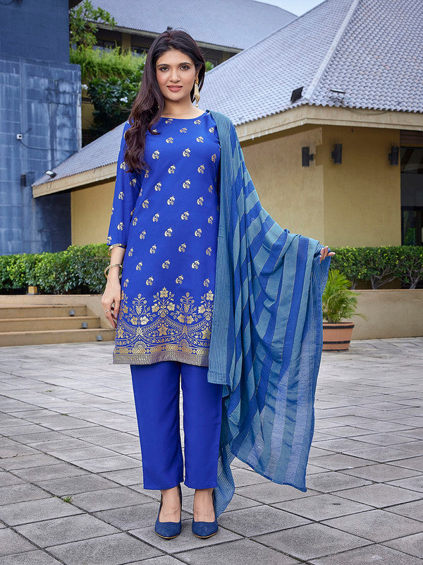 Women's Crepe Foil Printed Straight Kurta Pant With Dupatta