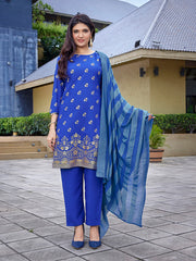 Women's Crepe Foil Printed Straight Kurta Pant With Dupatta-ME130-MFROYALBLUE