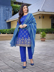 Women's Crepe Foil Printed Straight Kurta Pant With Dupatta-ME130-MFROYALBLUE