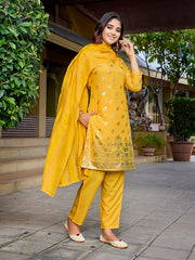 Women's Crepe Foil Printed Straight Kurta Pant With Dupatta-ME130-MFYELO