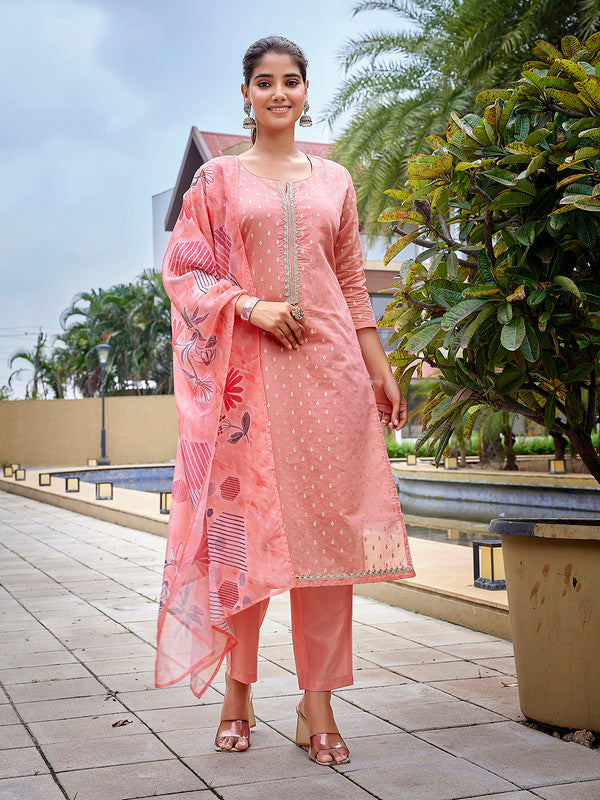 Women's Chanderi Woven Straight Kurta Pant With Dupatta-ME131-RBPEACH