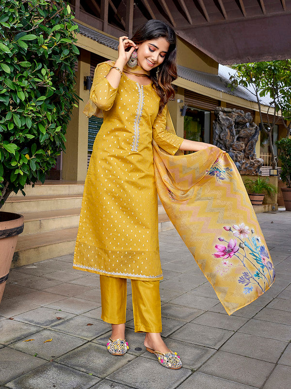 Women's Chanderi Woven Straight Kurta Pant With Dupatta