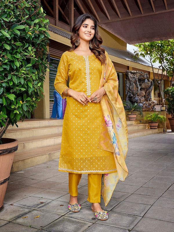 Women's Chanderi Woven Straight Kurta Pant With Dupatta-ME131-RBPYELO