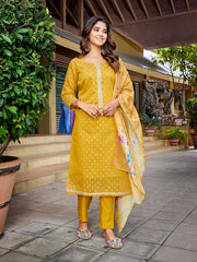 Women's Chanderi Woven Straight Kurta Pant With Dupatta-ME131-RBPYELO