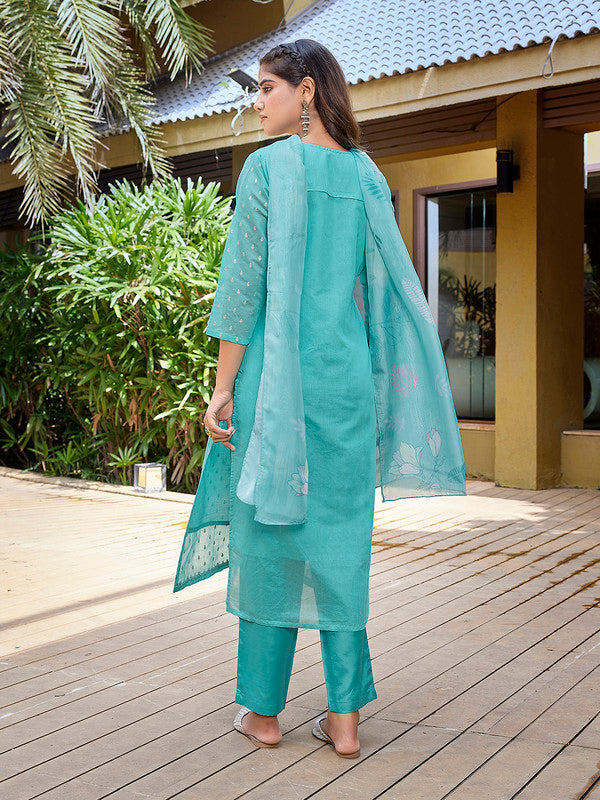 Women's Chanderi Woven Straight Kurta Pant With Dupatta