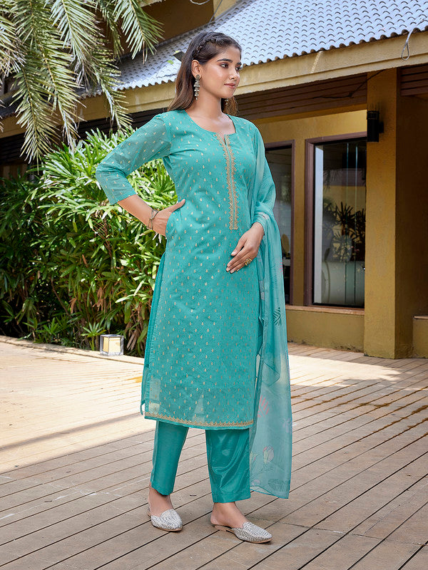 Women's Chanderi Woven Straight Kurta Pant With Dupatta