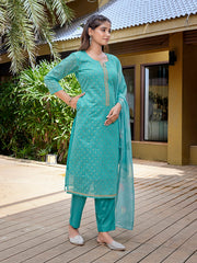 Women's Chanderi Woven Straight Kurta Pant With Dupatta-ME131-RBRAMGRN