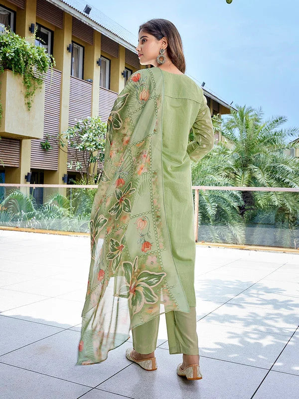 Women's Chanderi Woven Straight Kurta Pant With Dupatta