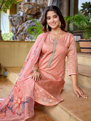 Women's Chanderi Woven Straight Kurta Pant With Dupatta-ME132-RBPINK