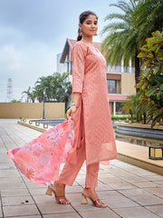 Women's Chanderi Woven Straight Kurta Pant With Dupatta-ME132-RBPINK