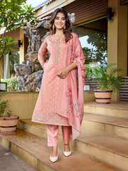 Women's Chanderi Woven Straight Kurta Pant With Dupatta-ME132-RBPINK